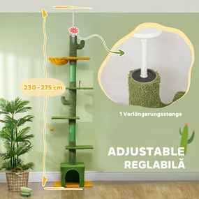 PawHut Ansamblu de Zgâriat pentru Pisici cu Fixare în Tavan, 230-275 cm, Hamac, Căsuță, Stâlpi din Sisal, Verde | Aosom Romania