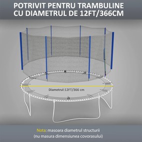 SPORTNOW Plasă Înlocuire Trambulină Rotundă 366cm, 8 Stâlpi Verticali, Tarc Rezervă Rezistent, Negru-Albastru | Aosom Romania