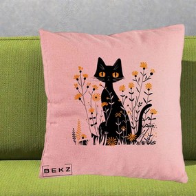 Perna Decorativa Pisica Neagra Ochi Galbeni Flori Galbene, 40x40 cm, Roz, Husa Detasabila, Perna Inclusa, BEKZ®