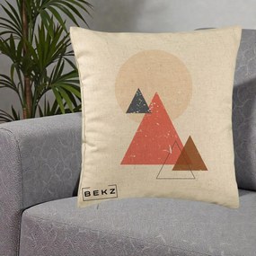 Perna Decorativa Geometric Munti si Soare, 40x40 cm, Bej, Husa Detasabila, Perna Inclusa, BEKZ®