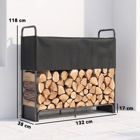 Outsunny Suport pentru Lemne de Foc pentru Interior și Exterior, Oțel Galvanizat cu Husă Oxford, 132x38x118 cm, Negru | Aosom Romania