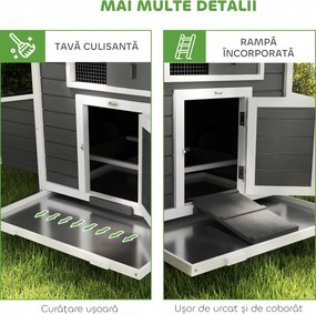 PawHut Coteț din Lemn pentru Exterior cu 2 Cuiburi de Ouă, Adăpost pentru Găini cu Tavă Detașabilă și Acoperiș din Asfalt, pentru 2-4 Găini, Gri | Aosom Romania