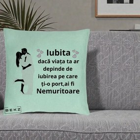 Cadou pentru Iubita - Perna Personalizata Iubita Nemuritoare cu Siluete de Cuplu, 40x40 cm, Verde Menta, Husa Detasabila, Perna Inclusa, BEKZ®