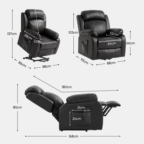 Fotoliu rabatabil HOMCOM cu funcții de masaj și încălzire, cu sistem electric de ridicare, tetieră reglabilă și port USB, din piele ecologică (PU), negru | Aosom Romania