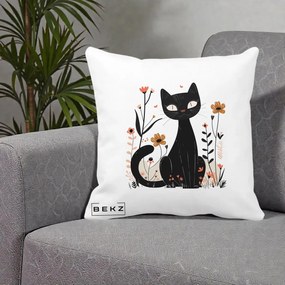 Perna Decorativa Pisica Neagra Flori Pastel Folk, 40x40 cm, Alba Mata, Husa Detasabila, Perna Inclusa, BEKZ®