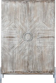 Dulap vintage din lemn de mango, alb, cu 2 uși, 2 rafturi și relief geometric, pe picioare, finisaj patinat, 134 x 85 x 38 cm, „Fougères”