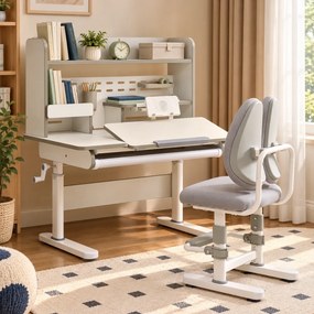 Set birou și scaun ergonomic pentru copii, înălțime reglabilă, blat înclinabil, spătar dublu adaptiv, rafturi și sertar organizator, 100 × 60 cm, gr