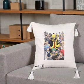 Perna Personalizata Assassination Classroom Grup Complet Anime, 40x40 cm, Bej cu Franjuri, Husa Detasabila, Perna Inclusa, BEKZ®