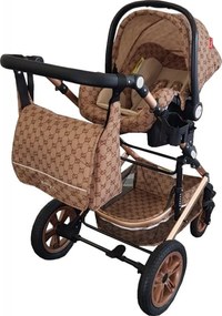 Carucior nou nascuti 3 in 1 Baby Care™ PRO 530 , Cu geanta bebe, Cadru Aluminiu Gold, Amortizoare, Roti din cauciuc plin AVE, Landou, Scoica auto,