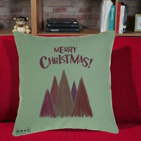 Perna Decorativa Merry Christmas Brazi Roz, 40x40 cm, Verde, Husa Detasabila, Perna Inclusa, BEKZ®