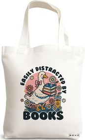 Sacosa de Panza pentru Cumparaturi, Geanta Tote, model Easily Distracted by Books, 38 x 34.5 cm, Alba, BEKZ®