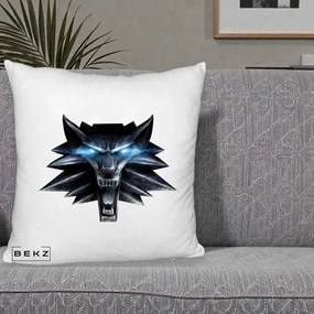 Perna Decorativa The Witcher Wolf Head, 40x40 cm, Alb Pufos, Husa Detasabila, Perna Inclusa, BEKZ®