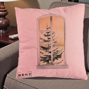 Perna Decorativa Fereastra cu Brad de Iarna, 40x40 cm, Roz, Husa Detasabila, Perna Inclusa, BEKZ®
