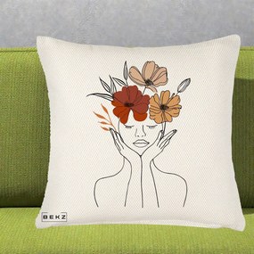 Perna Decorativa Portret Feminin Coroana Trei Flori, 40x40 cm, Crem Reliefat, Husa Detasabila, Perna Inclusa, BEKZ®