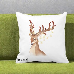 Perna Decorativa Ren cu Luminite de Craciun, 40x40 cm, Alba Mata, Husa Detasabila, Perna Inclusa, BEKZ®