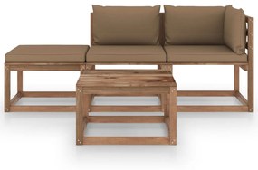 Set mobilier gradina paleti, cu perne, 4 piese, lemn pin tratat Gri taupe, colt + mijloc + suport pentru picioare + masa, 1