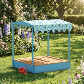 AIYAPLAY Lădiță cu Nisip pentru Copii 3-6 Ani cu Acoperiș Dinosauri, Bănci Pliabile, Capac și Husă Incluse, Lădiță de Nisip din Lemn de Brad, 134,5x127,5x130 cm, Albastru | Aosom Romania