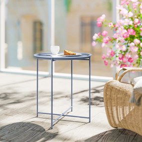 Outsunny Măsuță Rotundă Măsuță de Supliment Blat Detașabil cu Margine Ridicată Picioare Pliabile din Metal Ø46x50cm Albastru-Gri | Aosom Romania