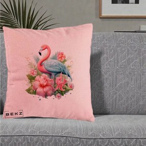 Perna Decorativa Flamingo cu Hibiscus Tropical, 40x40 cm, Roz, Husa Detasabila, Perna Inclusa, BEKZ®