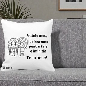 Cadou pentru Frate - Perna Personalizata Fratele Meu Te Iubesc Copii Anime Line Art Negru, 40x40 cm, Alba Mata, Husa Detasabila, Perna Inclusa, BEKZ®