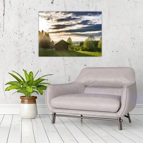 Tablou pe sticlă cabana în pădure (70x50 cm)