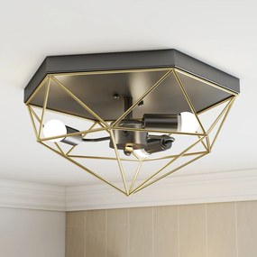 HOMCOM Lampă de Tavan Stil Industrial Geometrică cu 3 Suporturi E27 pentru Becuri LED, Negru și Auriu | Aosom Romania