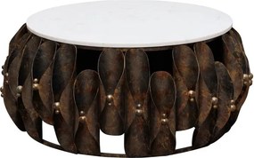 Măsuță de cafea rotundă din marmură și metal, alb și maro, cu bază din petale și sfere aurii, finisaj patinat, 40 x 94 cm, „Ondralis”