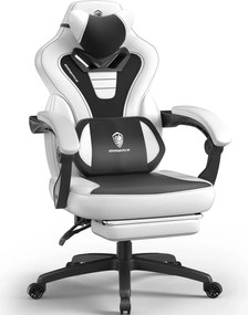 RESIGILAT- DOWINX Scaun gaming, ergonomic, suport lombar cu masaj, Șezut cu Arcuri Metalice și Spumă, Spătar înalt, rabatabil 90°-145°, Buzunar depozitare, Suport picioare, rezistent 150 kg, material PU respirabil, Alb/Negru