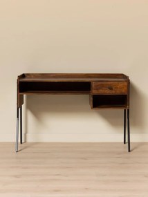 Birou vintage din lemn de mango și metal, cu blat maro antichizat, 1 sertar și picioare din metal negru, finisaj satinat, 117.5×50×80.5 cm, „Flow"