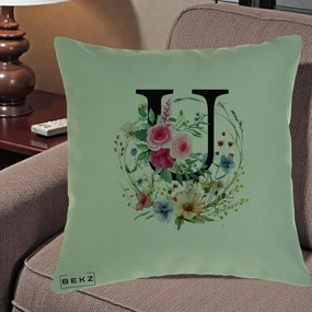 Cadou Personalizat - Perna Personalizata Monogram Litera U cu Flori Acuarela, 40x40 cm, Verde, Husa Detasabila, Perna Inclusa, BEKZ®
