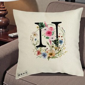 Cadou Personalizat - Perna Personalizata Monogram Litera N cu Flori Acuarela, 40x40 cm, Ecru, Husa Detasabila, Perna Inclusa, BEKZ®