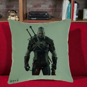 Perna Personalizata The Witcher Geralt of Rivia Portret, 40x40 cm, Verde, Husa Detasabila, Perna Inclusa, BEKZ®