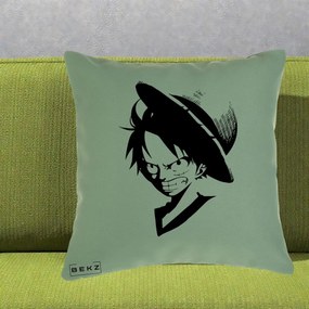 Perna Personalizata One Piece Luffy Silueta Alb-Negru, 40x40 cm, Verde, Husa Detasabila, Perna Inclusa, BEKZ®
