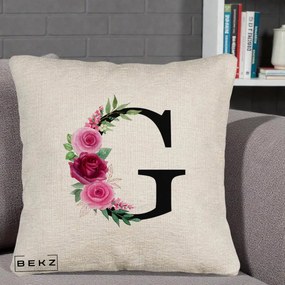 Cadou Personalizat - Perna Personalizata Monograma Florala Litera G, 40x40 cm, Bej Canapea, Husa Detasabila, Perna Inclusa, BEKZ®