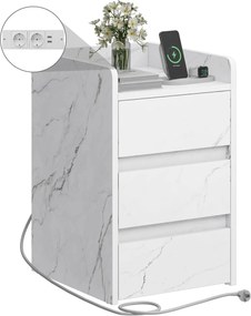 NOA64 - Set 2 Noptiere albe 35 cm, cu 3 sertare Priza si USB, dormitor - Alb Imitatie de Marmura