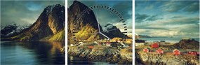 Tablou cu sat de pescari din Norvegia (cu ceas) (90x30 cm)