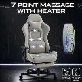 RESIGILAT- Scaun Gaming cu Masaj 7 Puncte și Încălzire, Telecomanda, Cotiere 3D, Reclinare 180°, Suport Picioare, Catifea, Gri