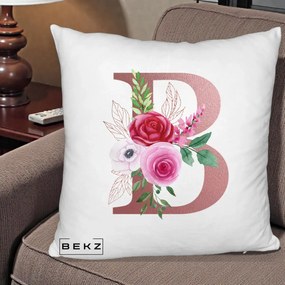 Cadou Personalizat - Perna Personalizata Monograma Rose Gold Litera B, 40x40 cm, Alb Pufos, Husa Detasabila, Perna Inclusa, BEKZ®