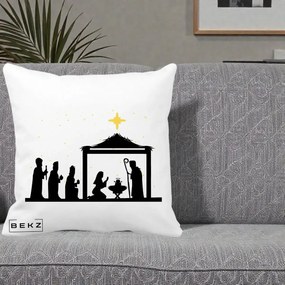 Perna Decorativa Nasterea Pruncului Silueta Neagra si Stea Aurie, 40x40 cm, Alba Mata, Husa Detasabila, Perna Inclusa, BEKZ®