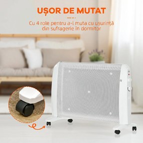 HOMCOM Radiator Electric Mică 1000W/2000W cu Termostat Reglabil, 15-20 m², 4 Roți, 79x27x54 cm, Alb | Aosom Romania