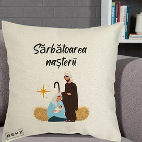 Perna Decorativa Nasterea Domnului Sfanta Familie Sarbatoarea Nasterii, 40x40 cm, Ecru, Husa Detasabila, Perna Inclusa, BEKZ®