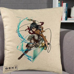 Perna Personalizata Attack on Titan Mikasa Ackerman Lupta, 40x40 cm, Bej, Husa Detasabila, Perna Inclusa, BEKZ®