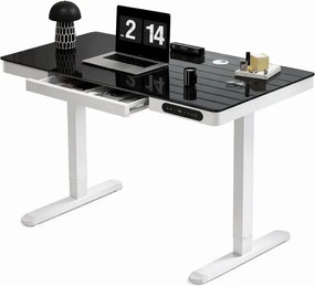 Birou Electric Reglabil pe Înălțime cu Sertar Ascuns, Încărcare Wireless & USB, Senzor de siguranță, 140x60, Sticla Negru