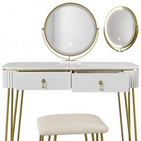 SEA398 - Set Masa toaleta, 100 cm, cosmetica machiaj, oglinda cu LED, scaunel taburet tapitat - Alb Lucios-Auriu