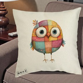 Perna Decorativa Pasare Patchwork Colorata, 40x40 cm, Ecru, Husa Detasabila, Perna Inclusa, BEKZ®