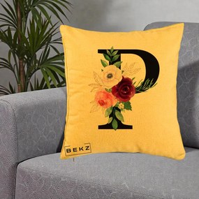 Cadou Personalizat - Perna Personalizata Monograma Florala Litera P, 40x40 cm, Galben, Husa Detasabila, Perna Inclusa, BEKZ®