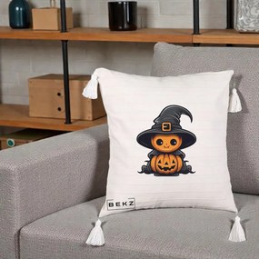 Perna Decorativa Halloween Dovleac Vrajitor Kawaii, 40x40 cm, Bej cu Franjuri, Husa Detasabila, Perna Inclusa, BEKZ®