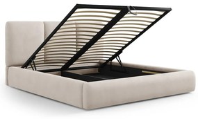 Pat matrimonial bej tapițat cu spațiu de depozitare și somieră 160x200 cm Brody – Mazzini Beds