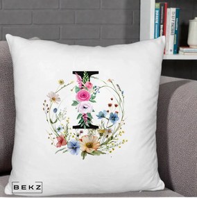 Cadou Personalizat - Perna Personalizata Monogram Litera I cu Flori Acuarela, 40x40 cm, Alb Pufos, Husa Detasabila, Perna Inclusa, BEKZ®