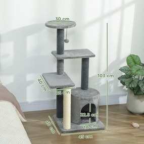 PawHut Ansamblu de joacă pentru pisici, multe niveluri cu stâlpi de sisal și Căsuță, 104cm,  Gri | Aosom Romania